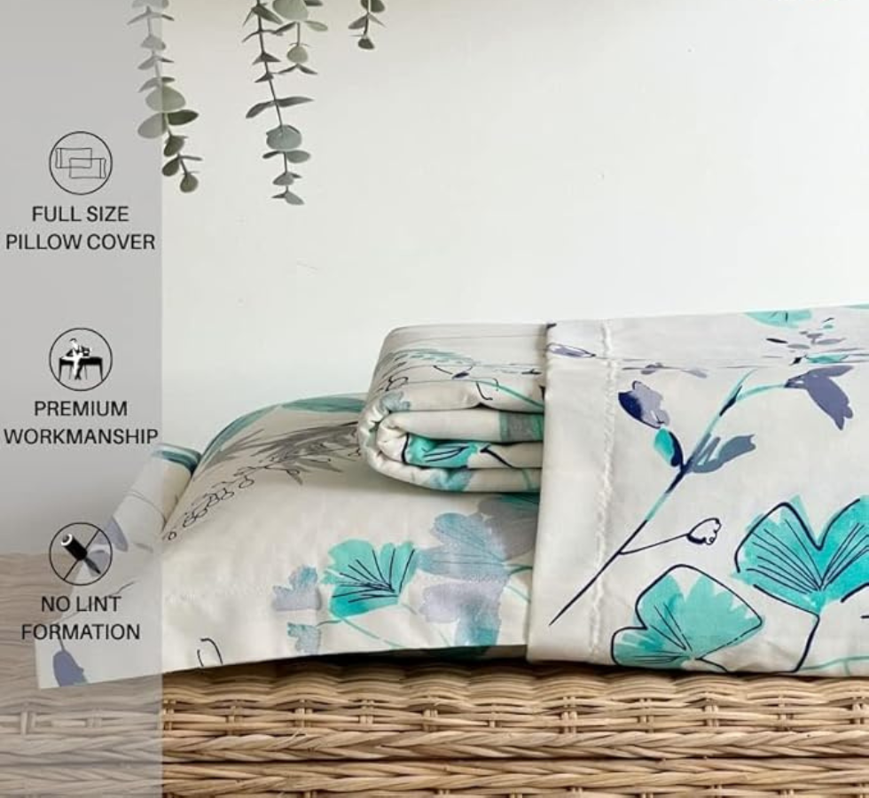 144 TC, Printed, Green, 100% Cotton Queen Size Bedsheet