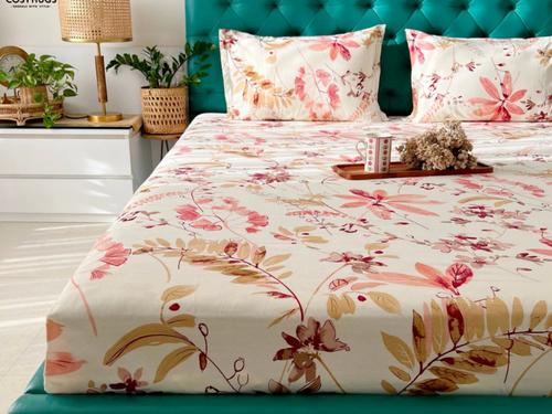 144 TC, Printed, Pink, 100% Cotton Queen Size Bedsheet