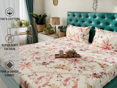 144 TC, Printed, Pink, 100% Cotton Queen Size Bedsheet