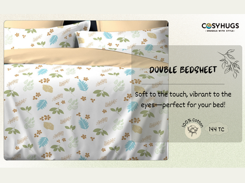 144 TC, Printed, Beige, 100% Cotton Queen Size Bedsheet
