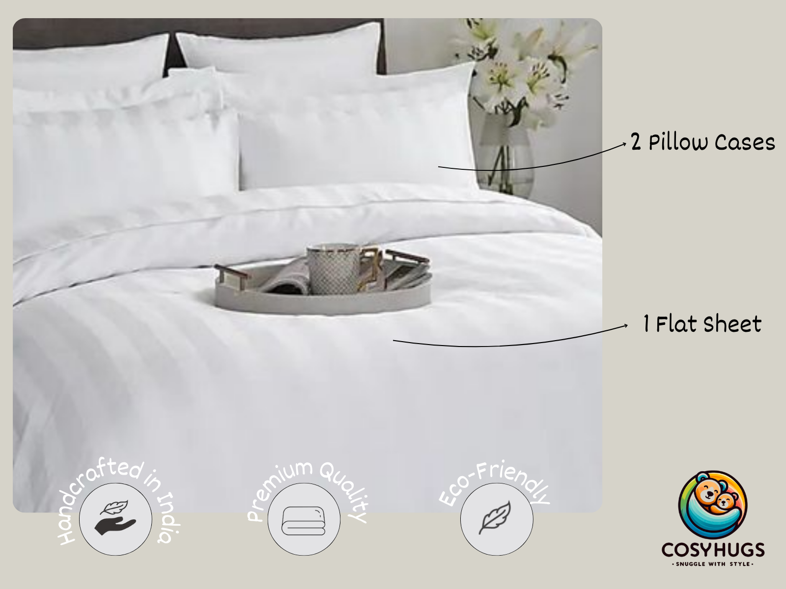 300 TC, Stripe, White, 100% Cotton King Size Bedsheet