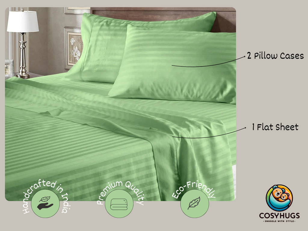 210 TC, Stripe, Sage, 100% Cotton King Size Bedsheet