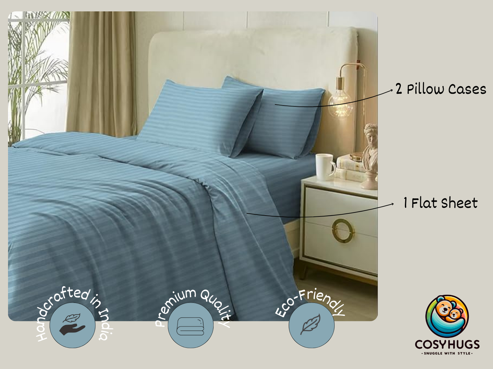 300 TC, Solid, Slate Blue, 100% Cotton King Size Bedsheet