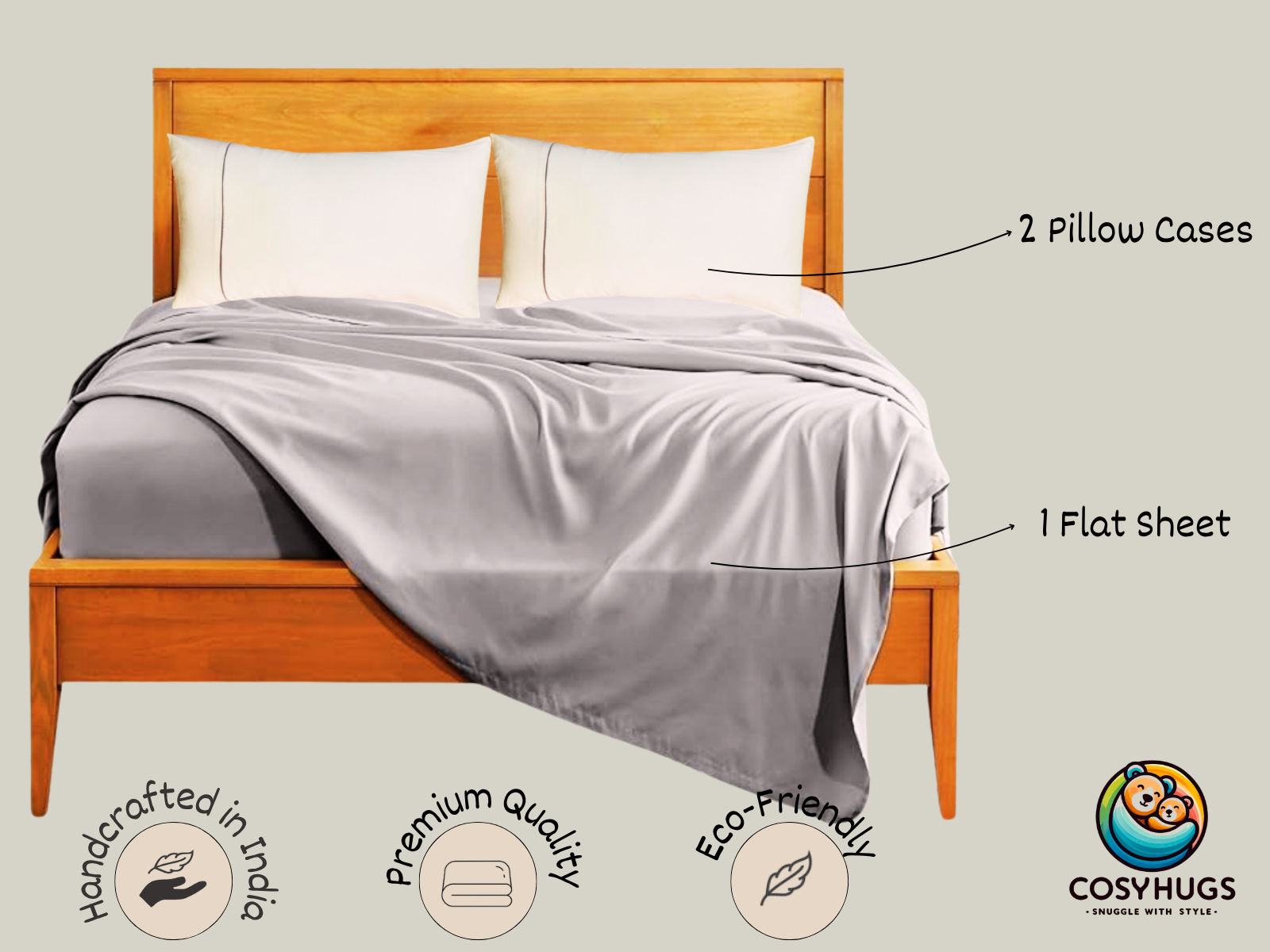 300 TC, Solid, Silver Grey, 100% Cotton King Size Bedsheet with Ivory Pillow Cover