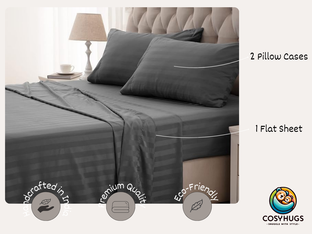210 TC, Stripe, Grey, 100% Cotton King Size Bedsheet