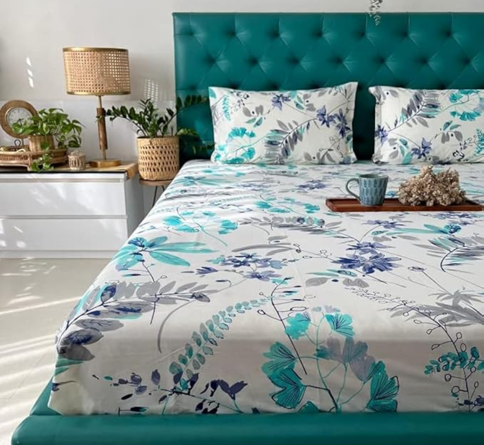 144 TC, Printed, Green, 100% Cotton Queen Size Bedsheet