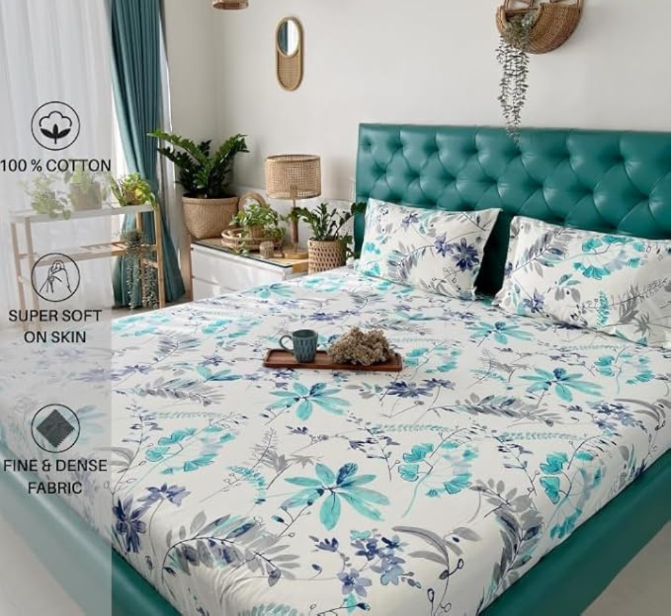144 TC, Printed, Green, 100% Cotton Queen Size Bedsheet