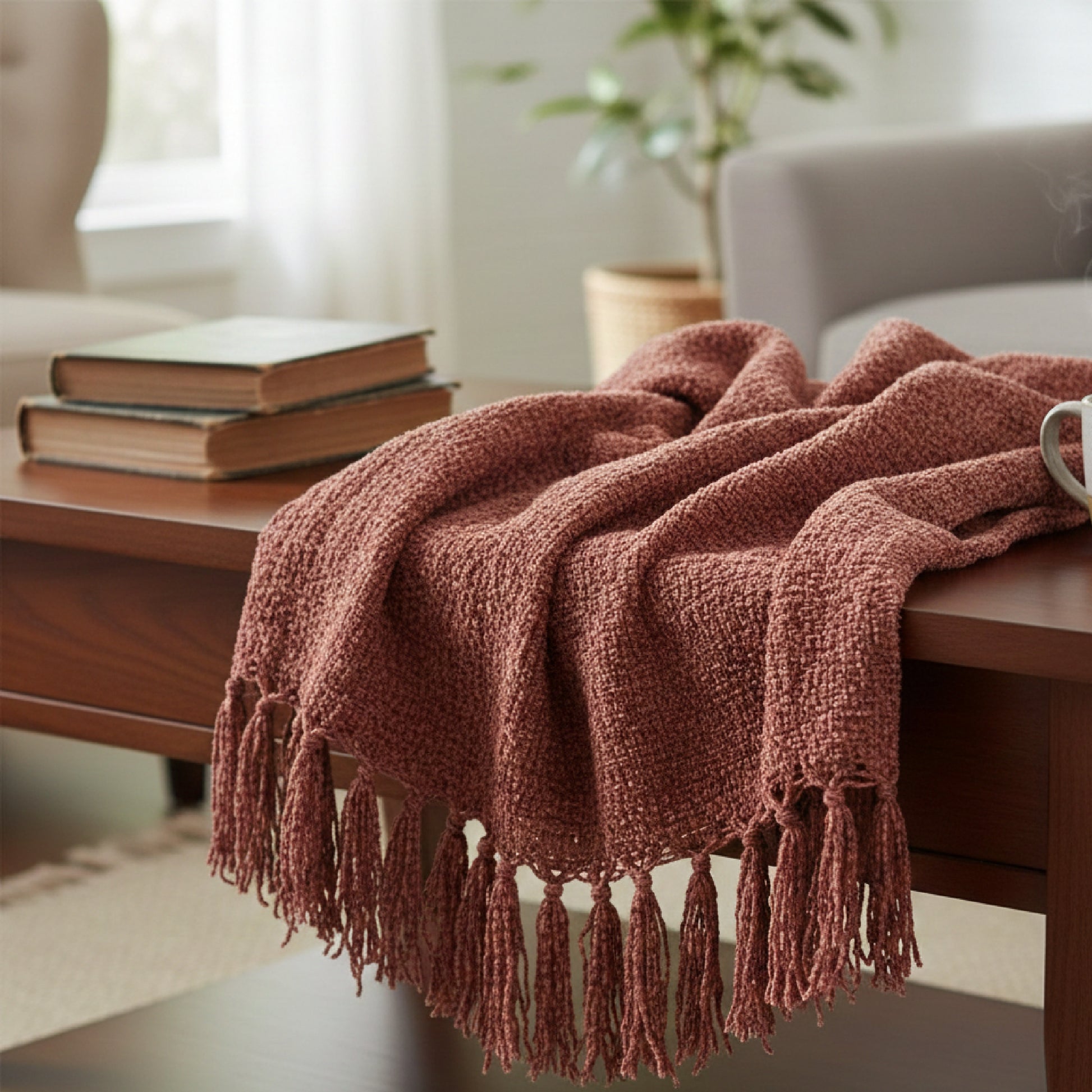 Rusty Brown Hand-Knitted Throw 100% Cotton 50x60 Inches