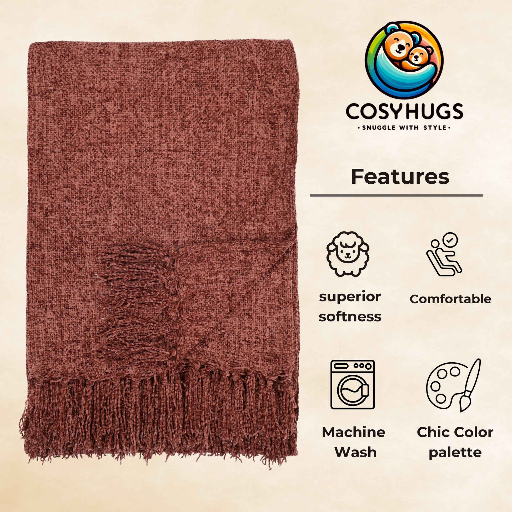 Rusty Brown Hand-Knitted Throw 100% Cotton 50x60 Inches