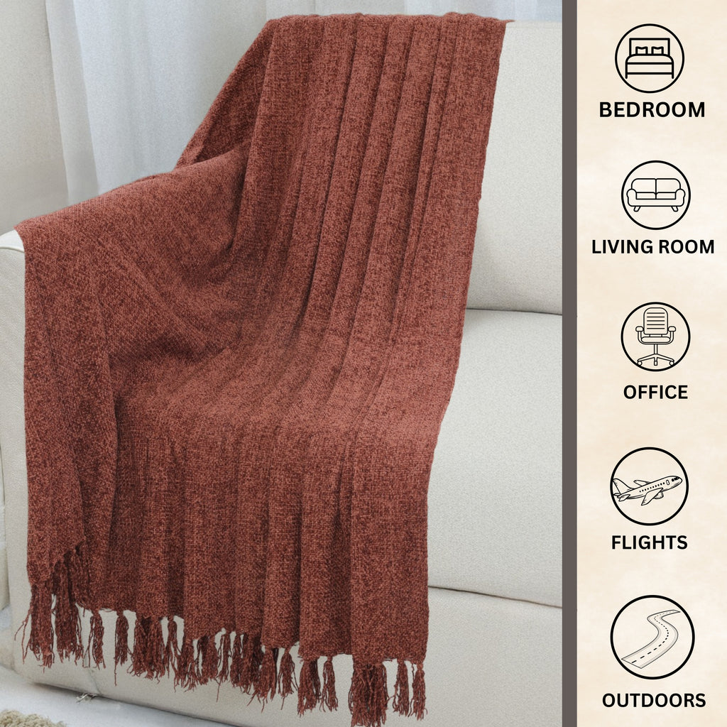 Rusty Brown Hand-Knitted Throw 100% Cotton 50x60 Inches