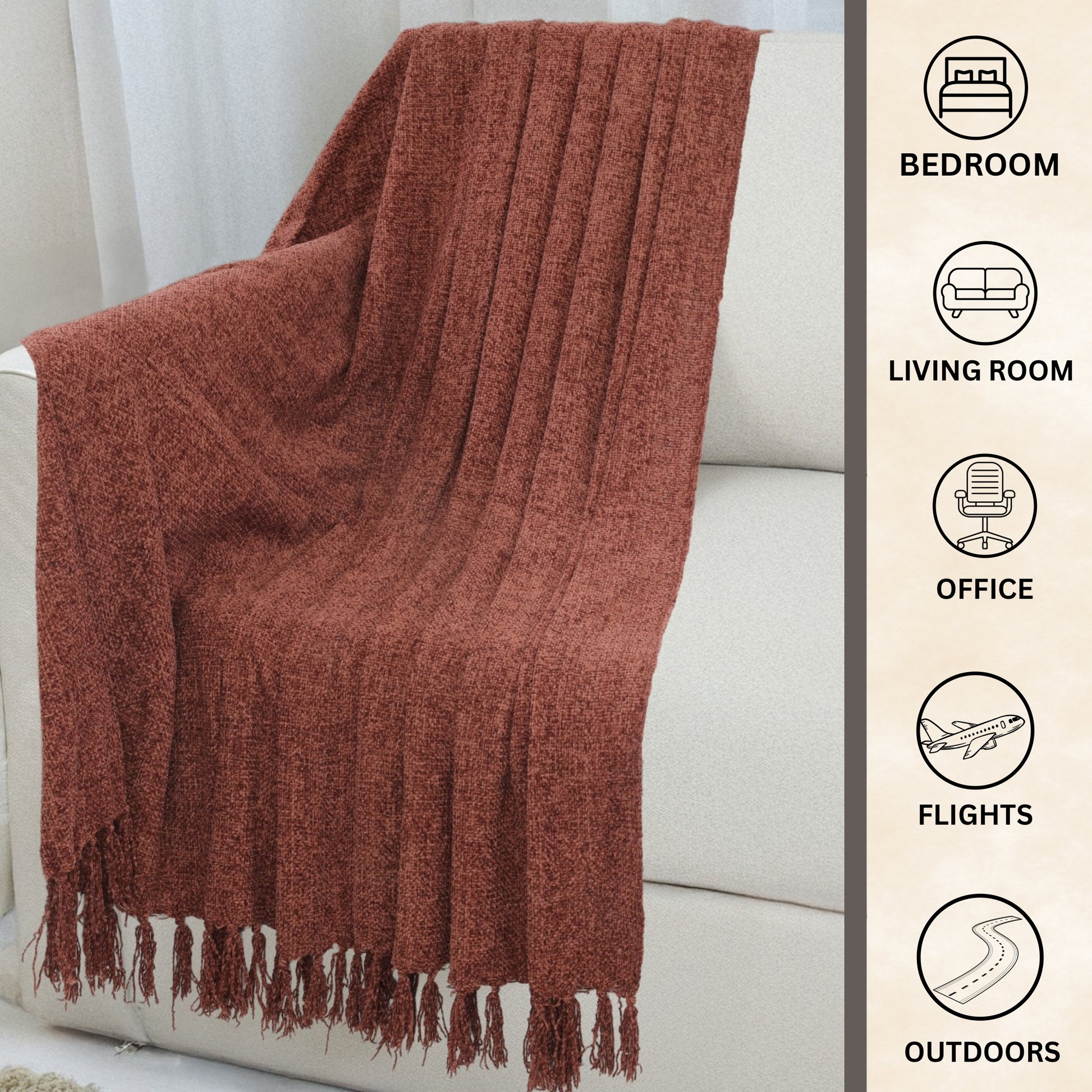 Rusty Brown Hand-Knitted Throw 100% Cotton 50x60 Inches