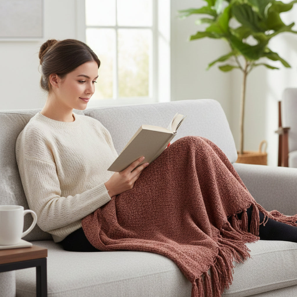 Rusty Brown Hand-Knitted Throw 100% Cotton 50x60 Inches