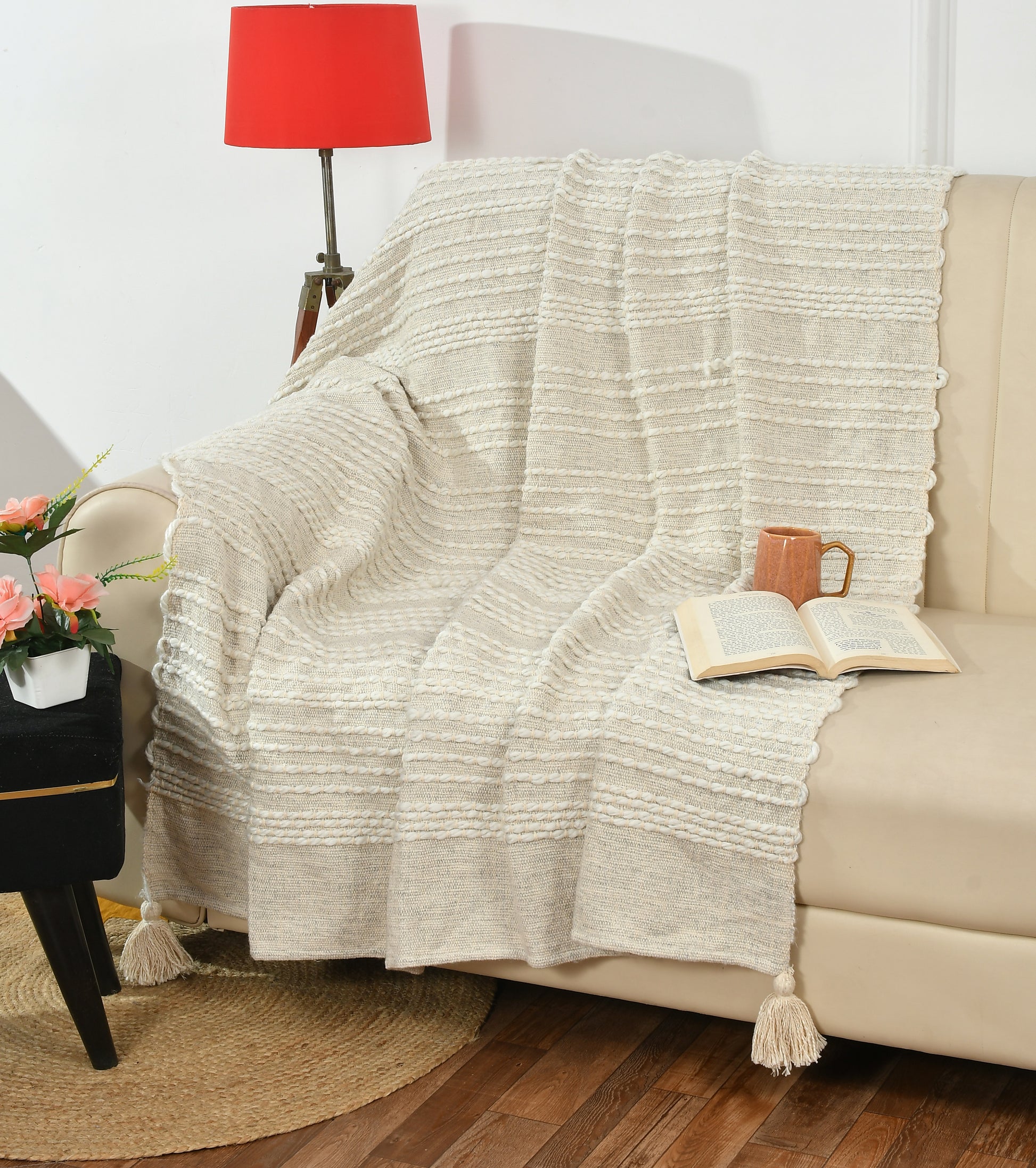Pure Cotton Hand Knitted Sofa Throw or Table Cover For Home Decor (55x75 Inch)
