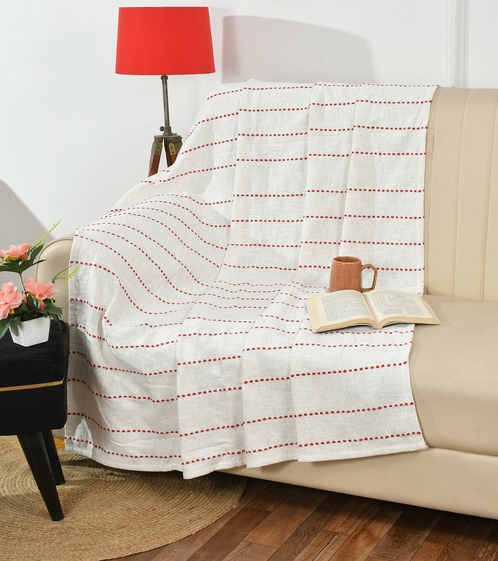 Pure Cotton White Cream based Sofa Throw or Table Cover For Home Decor (50x60 Inch)
