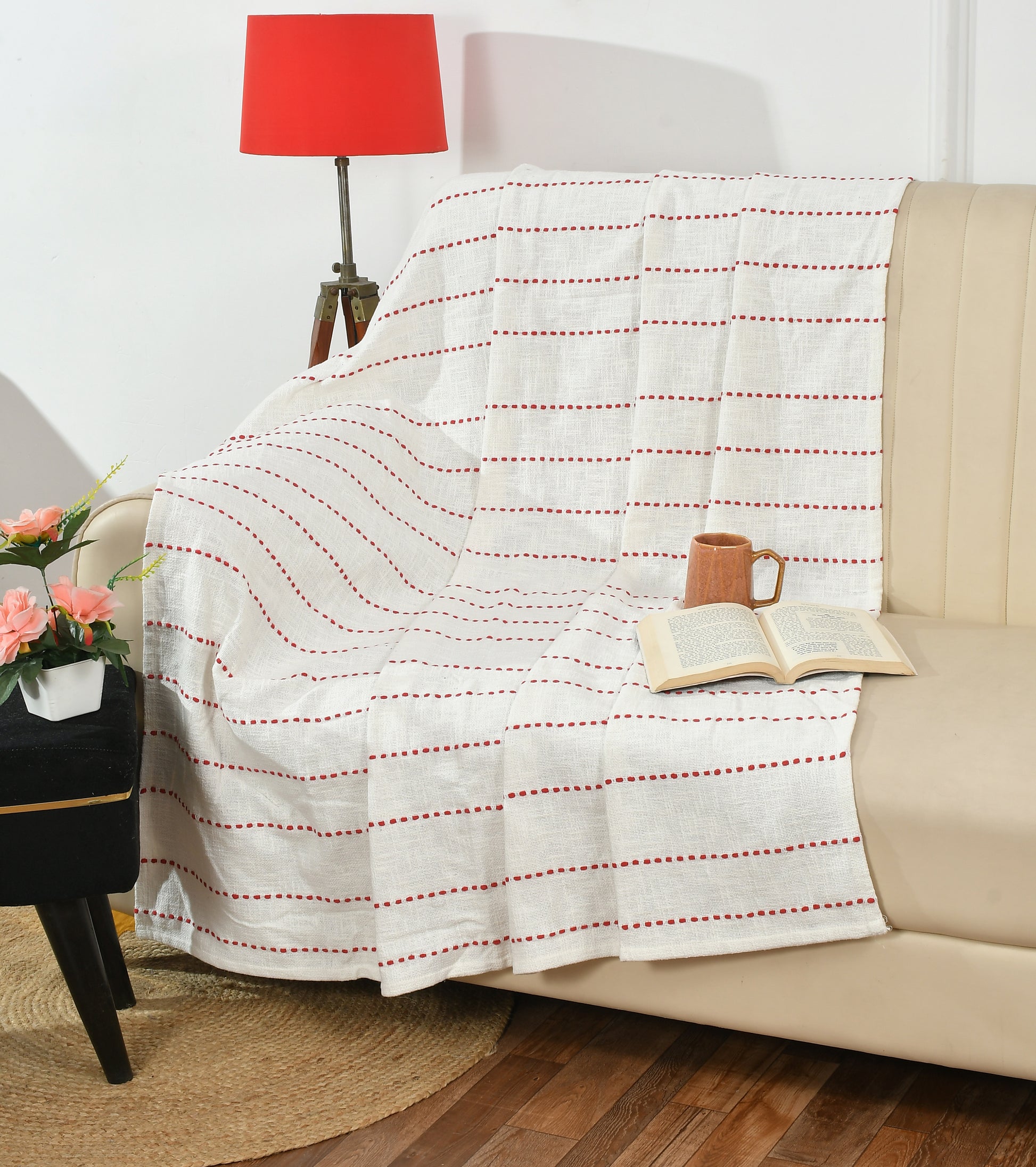Pure Cotton White Cream based Sofa Throw or Table Cover For Home Decor (50x60 Inch)