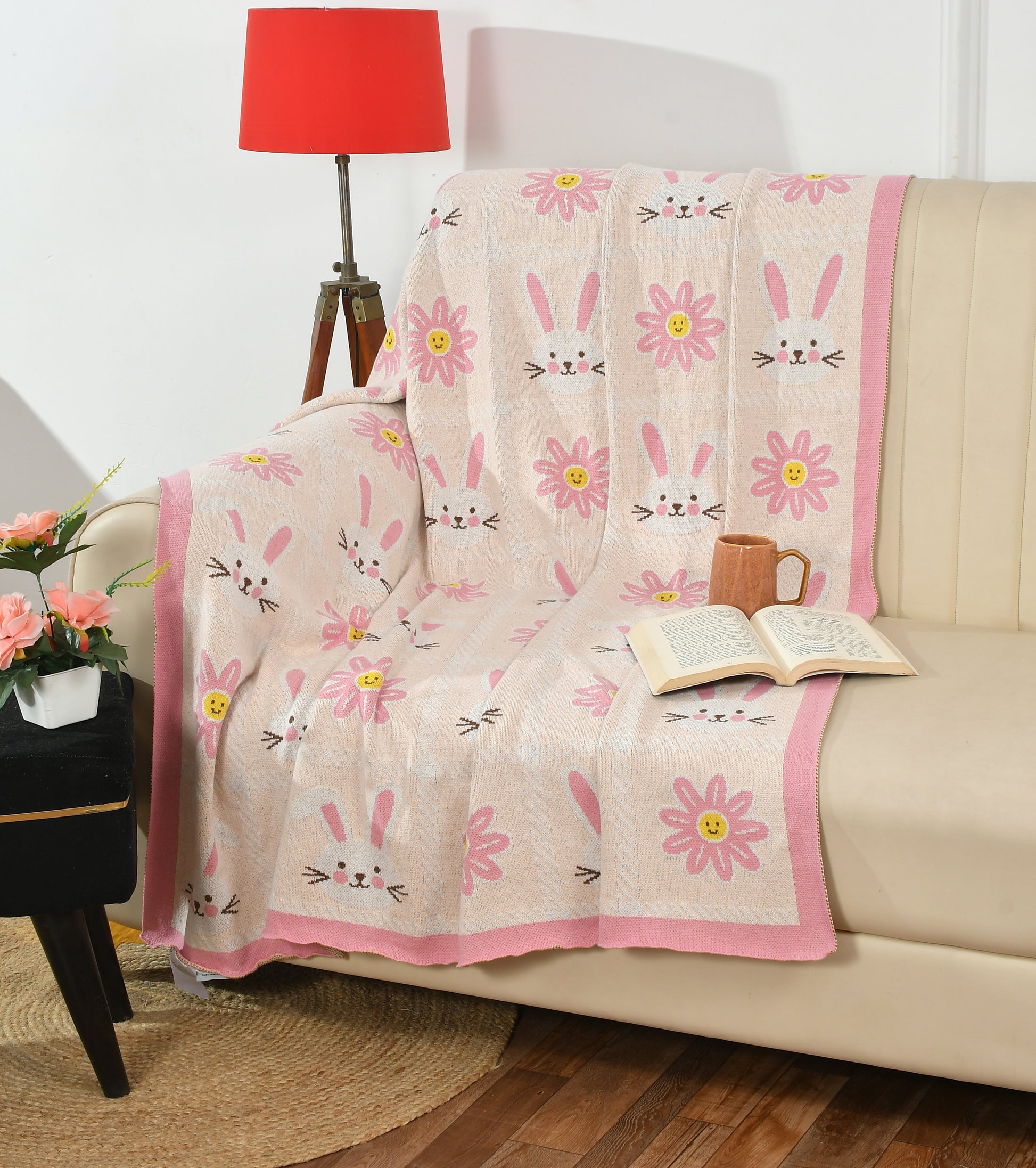 Pure Cotton Baby Pink Sofa Throw For Home Decor (50x60 Inch)
